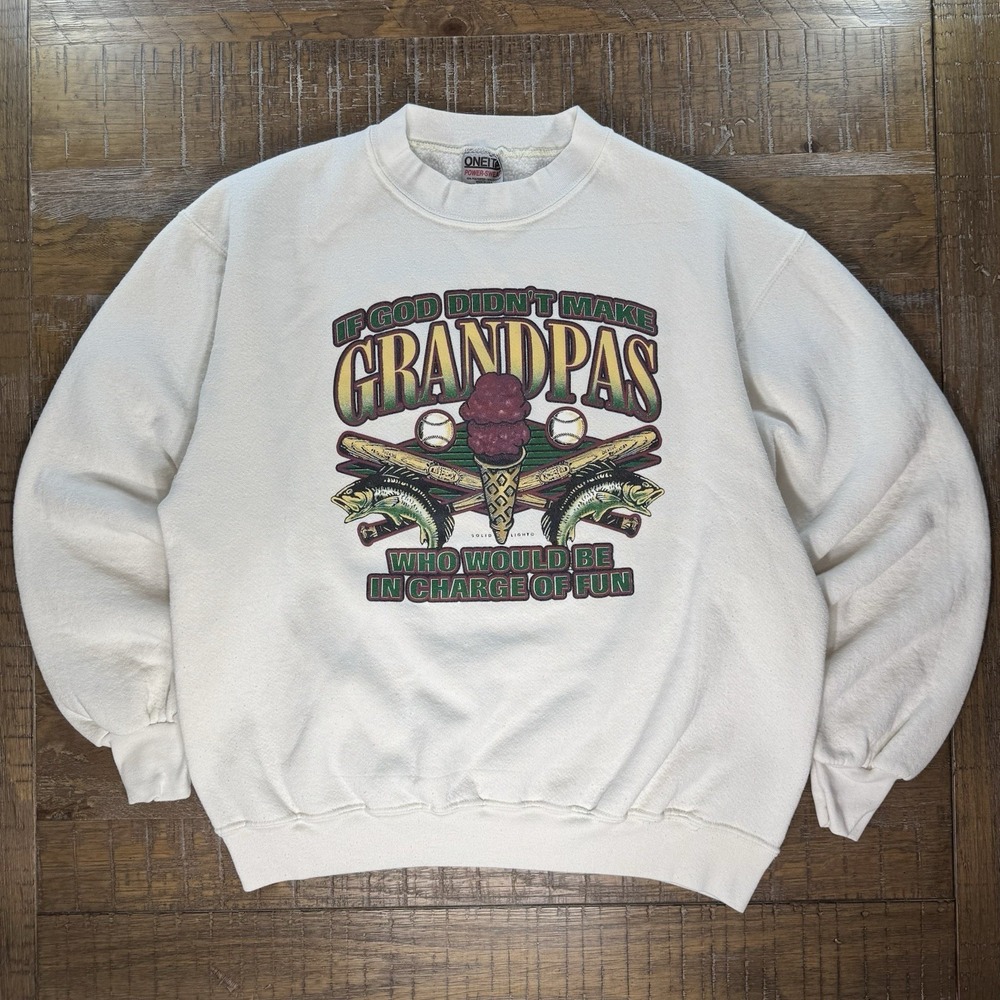 VTG 90s Oneita Sweatshirt Sz L White Made in USA Baseball Bass Fishing Gorpcore